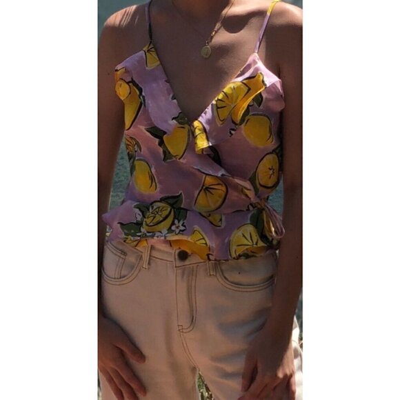 Zara Cropped Wrap Top S Lemon Print Ruffle Summer Blogger Fav Travel Vacation - Picture 10 of 15